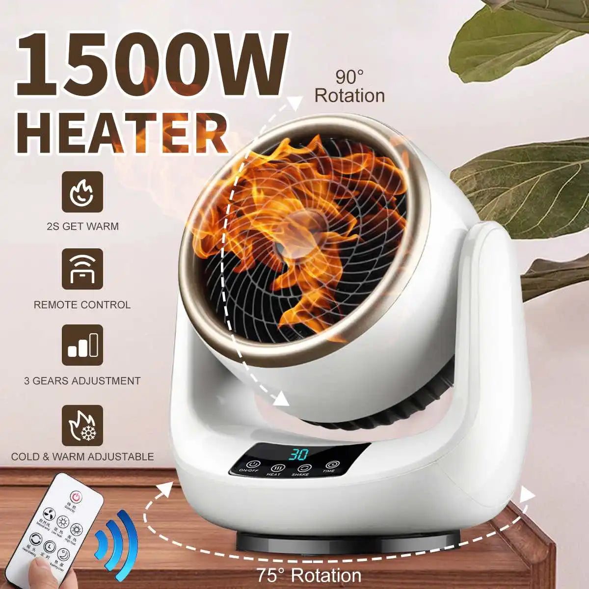 1500W Remote Control Electric Heater 3 Gears Adjustable Home Office Bathroom Radiator Electric Heater Portable Desktop Heater
