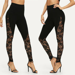 Sexy High Waist Black Lace Leggings Women's Ladies Floral Lace Side Panel Cut Out Black Leggings S M L 2XL
