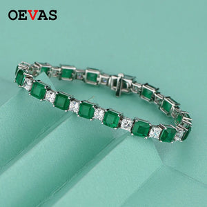 OEVAS 100% 925 Sterling Square Synthetic Emerald High Carbon Diamond Bridal Bracelet Sparkling Wedding Party Fine Jewelry Gifts