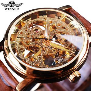 Winner Transparent Golden Case Luxury Casual Design Brown Leather Strap Mens Watches Top Brand Luxury Mechanical Skeleton Watch