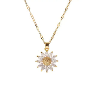 Luxury Daisy Flower Crystal Pendant Necklace for Women Charm Gold Color Stainless Steel Sunflower Choker Wedding Bride Jewelry