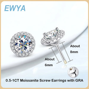 EWYA Trendy 0.5-1ct D Color Round Moissanite Screw Earring For Women Wedding Fine Jewelry S925 Sterling Silver Diamond Earrings