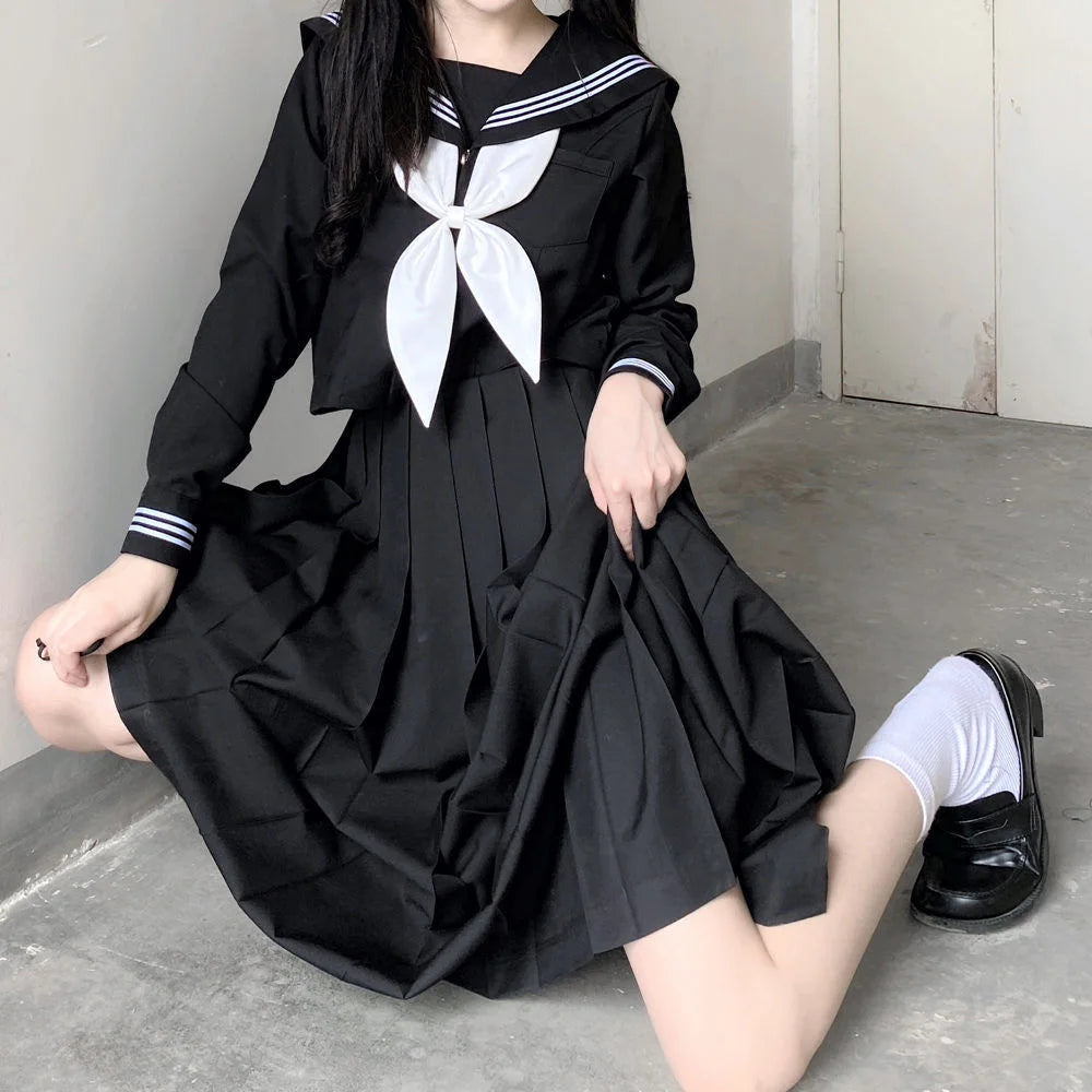 Japanese School Uniforms Navy Costume Women Sexy Black JK Long Dress Suit