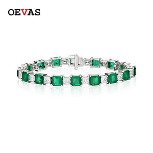 OEVAS 100% 925 Sterling Square Synthetic Emerald High Carbon Diamond Bridal Bracelet Sparkling Wedding Party Fine Jewelry Gifts