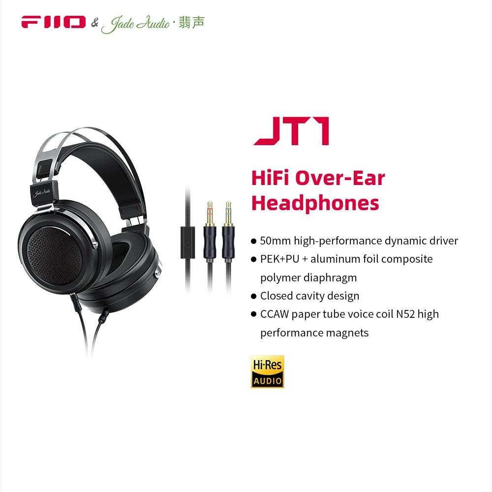 FiiO/JadeAudio JT1 Professional Studio Headphones for Recording Gaming with Microphone, 50mm Diaphragms driver,HiFi Sound