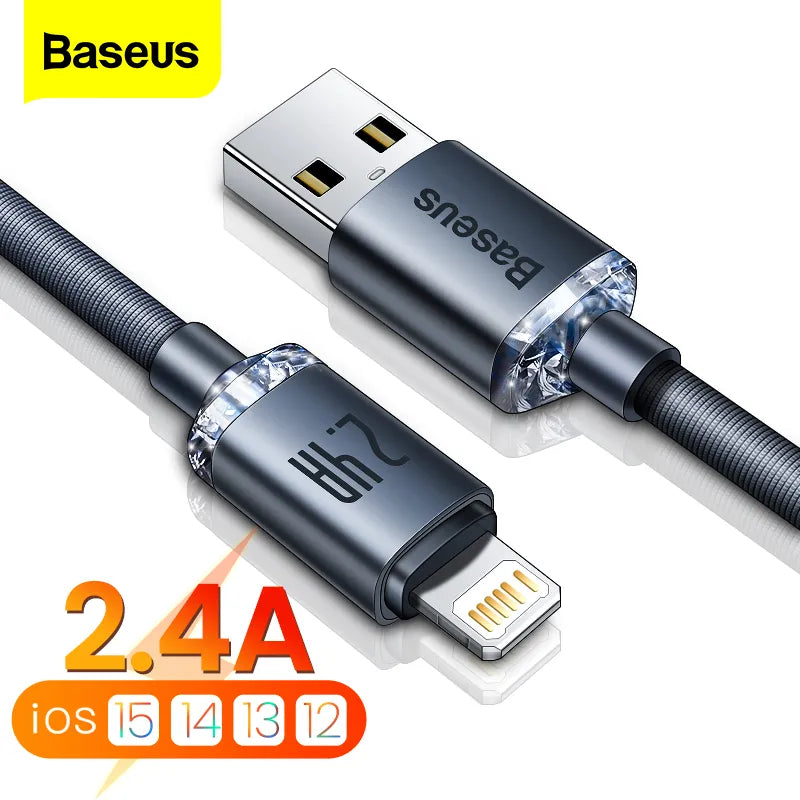 Baseus USB Cable For iPhone 14 13 12 11 Pro Xs Max X Xr 8 7 Plus 2.4A Fast Charging Charger Wire Cord For iPad Pro Data Cable 2M