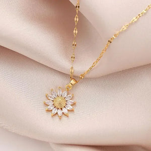 Luxury Daisy Flower Crystal Pendant Necklace for Women Charm Gold Color Stainless Steel Sunflower Choker Wedding Bride Jewelry