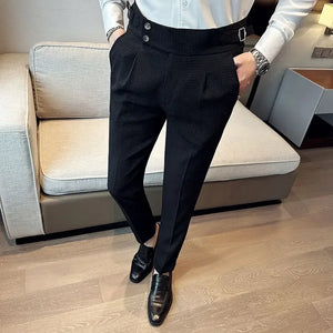 Autumn Winter Pantalones Hombre High Waist Waffle Business Casual Suit Pants for Men